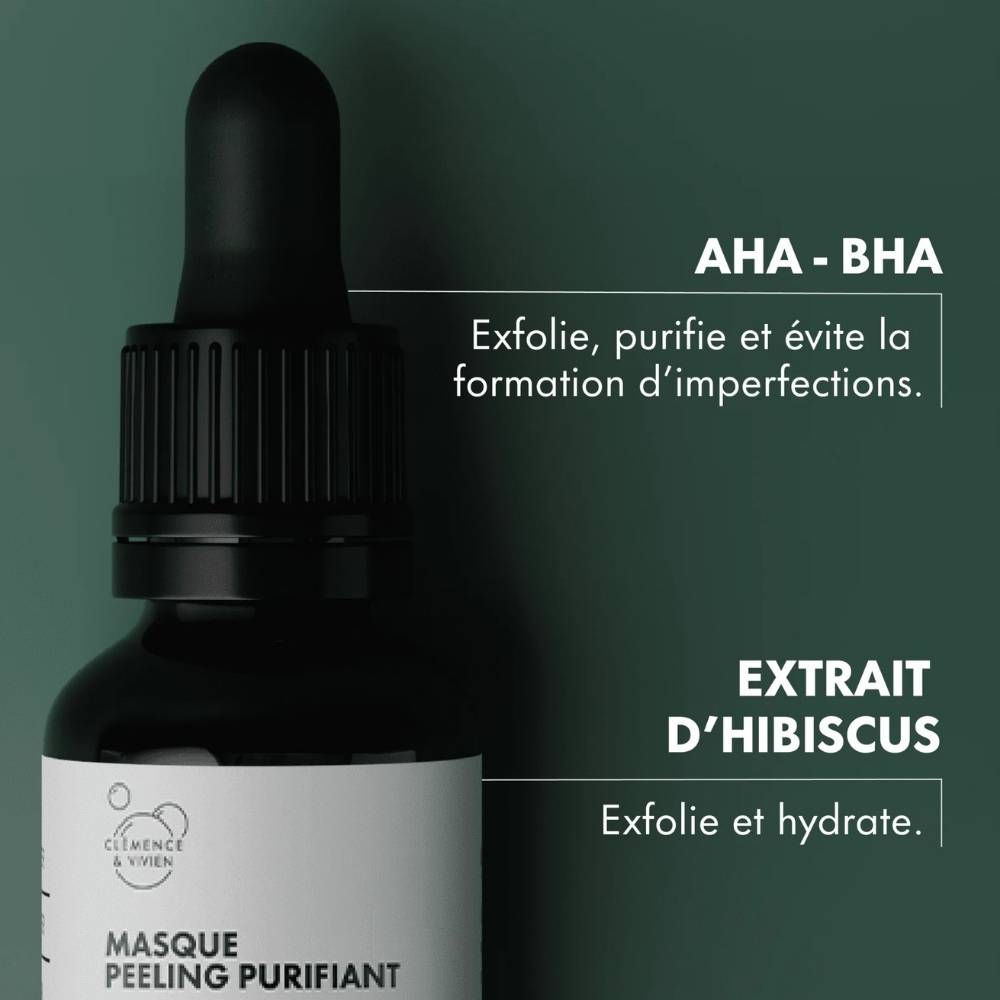 ingrédients et effets du masque peeling purifiant aux AHA et BHA Clémence & Vivien