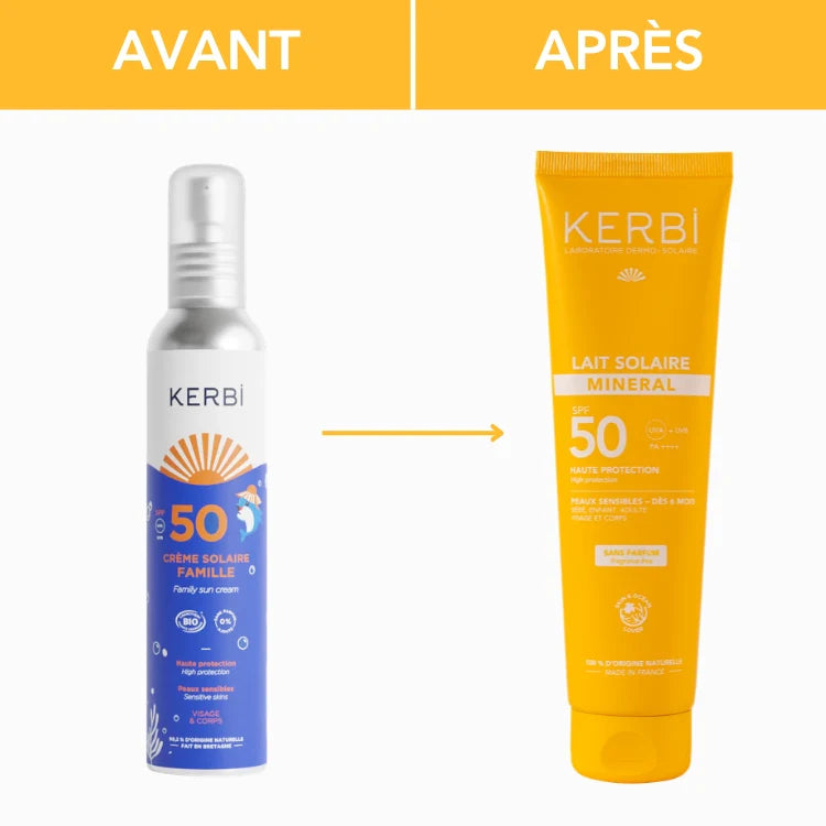 ancienne et nouvelle crème solaire famille visage et corps spf 50 kerbi
