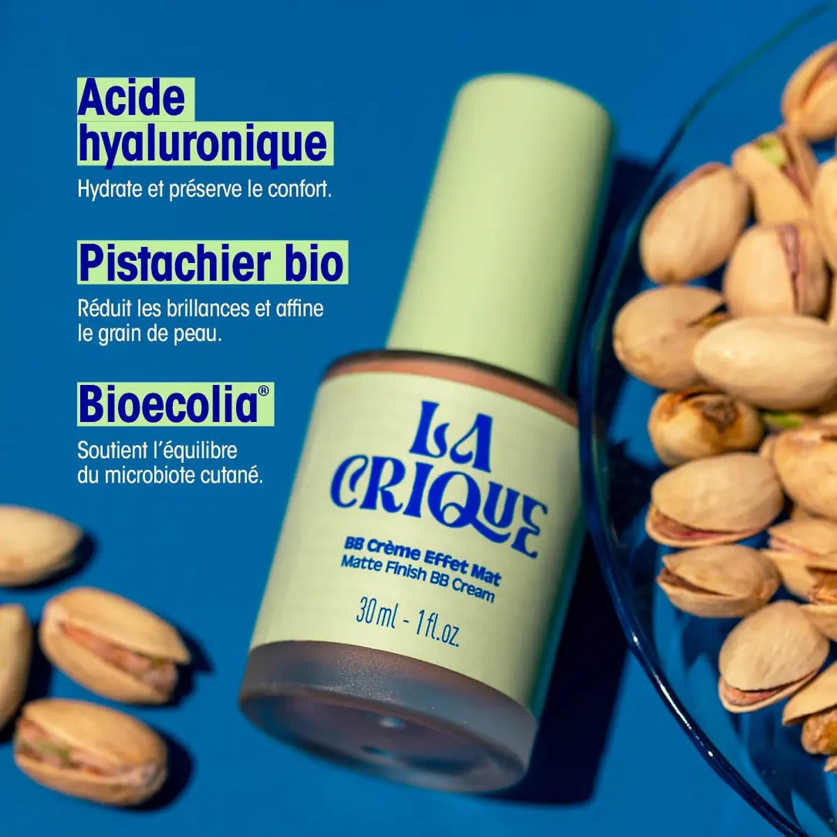 Actifs de la BB crème effet mat La Crique : acide hyaluronique, Pistachier bio et Bioecolia®