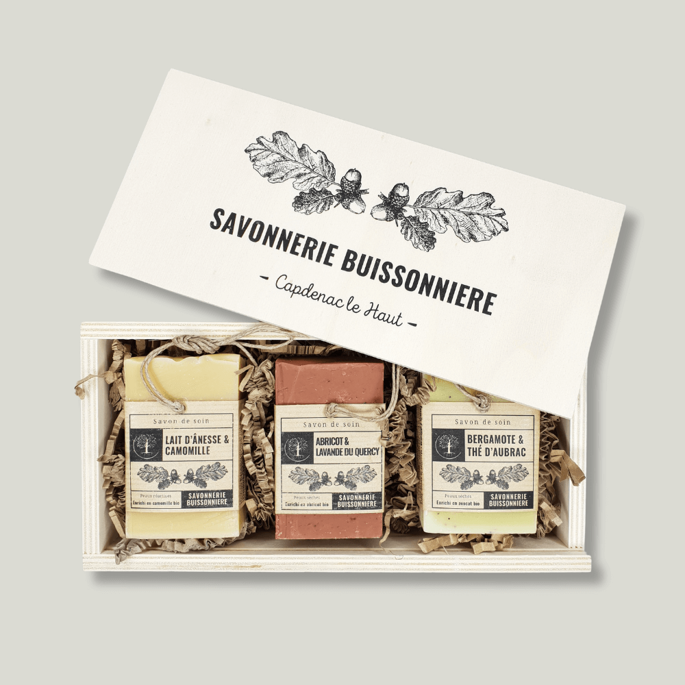 coffret en bois 3 savons savonnerie buissonniere