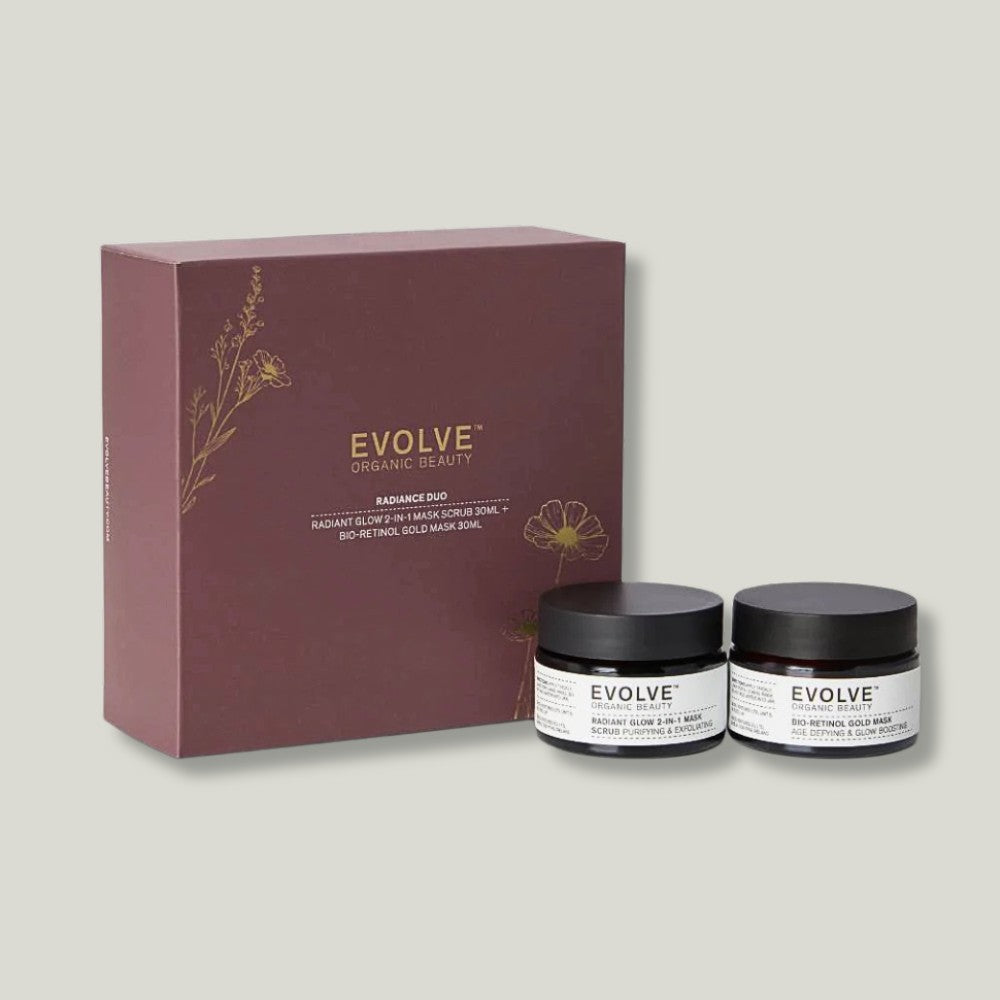 masques gold bioretinol et radiant glow mask du coffret noël Radiance duo Evolve beauty