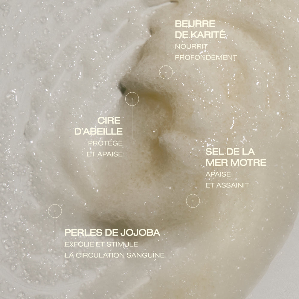 Composé de beurre de karité, perles de jojoba, sel de la mer morte et cire d'abeille
