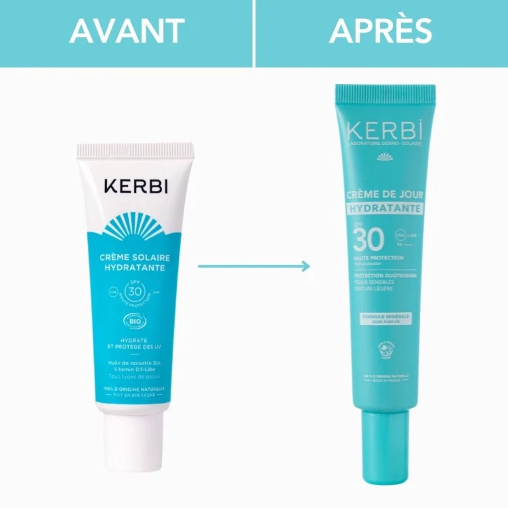 Changement de packaging de la crème hydratante SPF30 Kerbi 