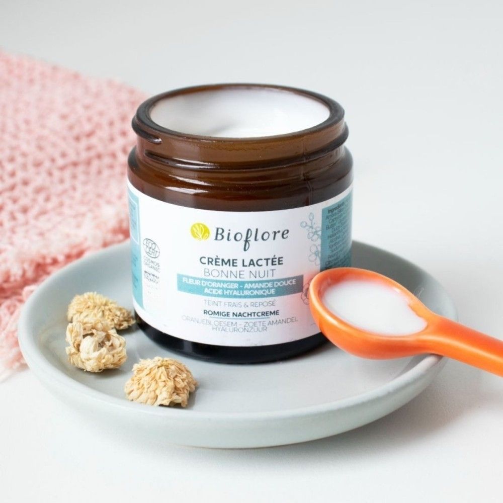 Packaging de la Crème lactée bonne nuit Bioflore, crème de nuit réparatrice et apaisante
