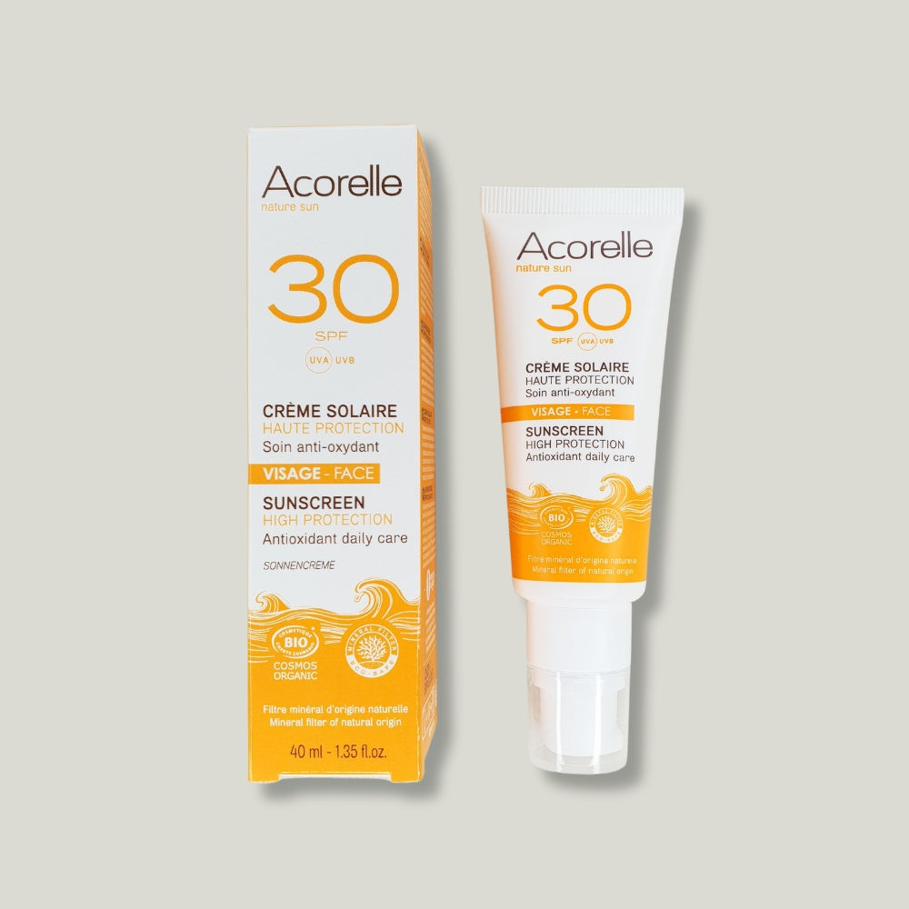 pack shot creme solaire visage bio spf 30 uva uvb acorelle