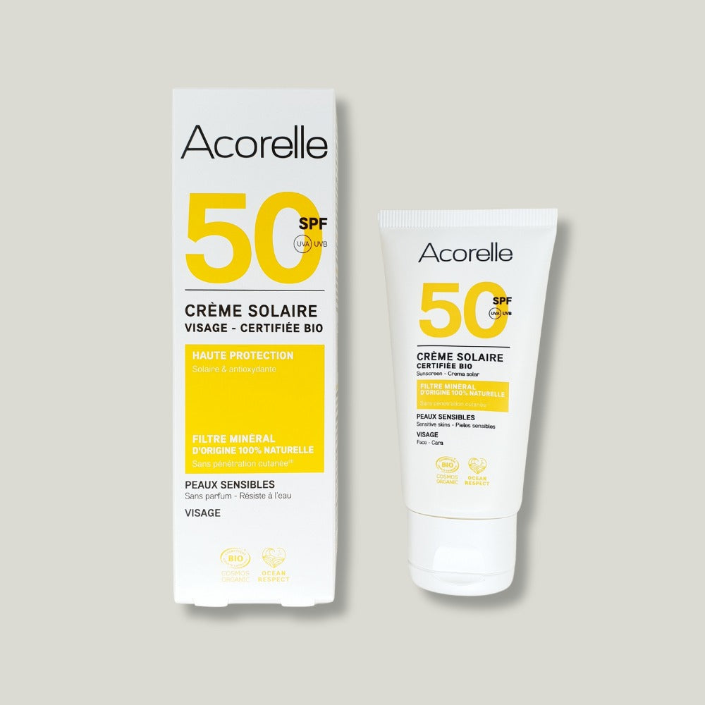 pack shot creme solaire visage spf50 uva uvb bio acorelle