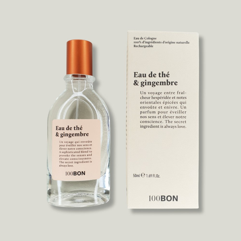 eau de thé et gingembre parfum 100bon avec son packaging sur fond beige