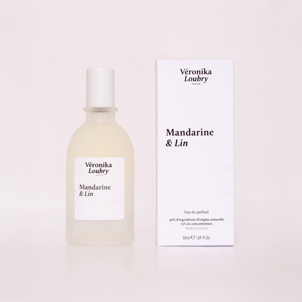 Eau de parfum Mandarine & Lin Veronika Loubry 50 ml, flacon en verre dépoli et son étui blanc