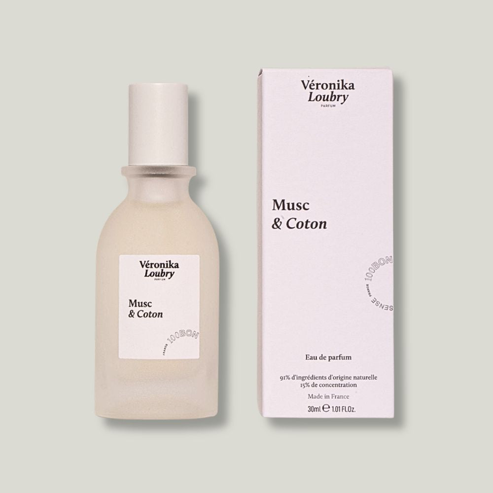 visuel du parfum musc & coton collaboration Veronika Loubry et 100 bon