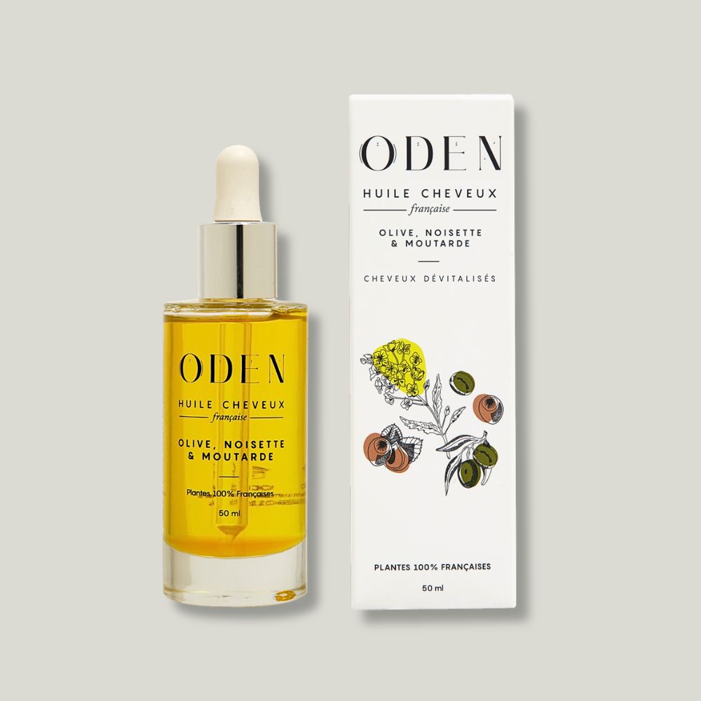 pack shot huile cheveux oden olive noisette moutarde