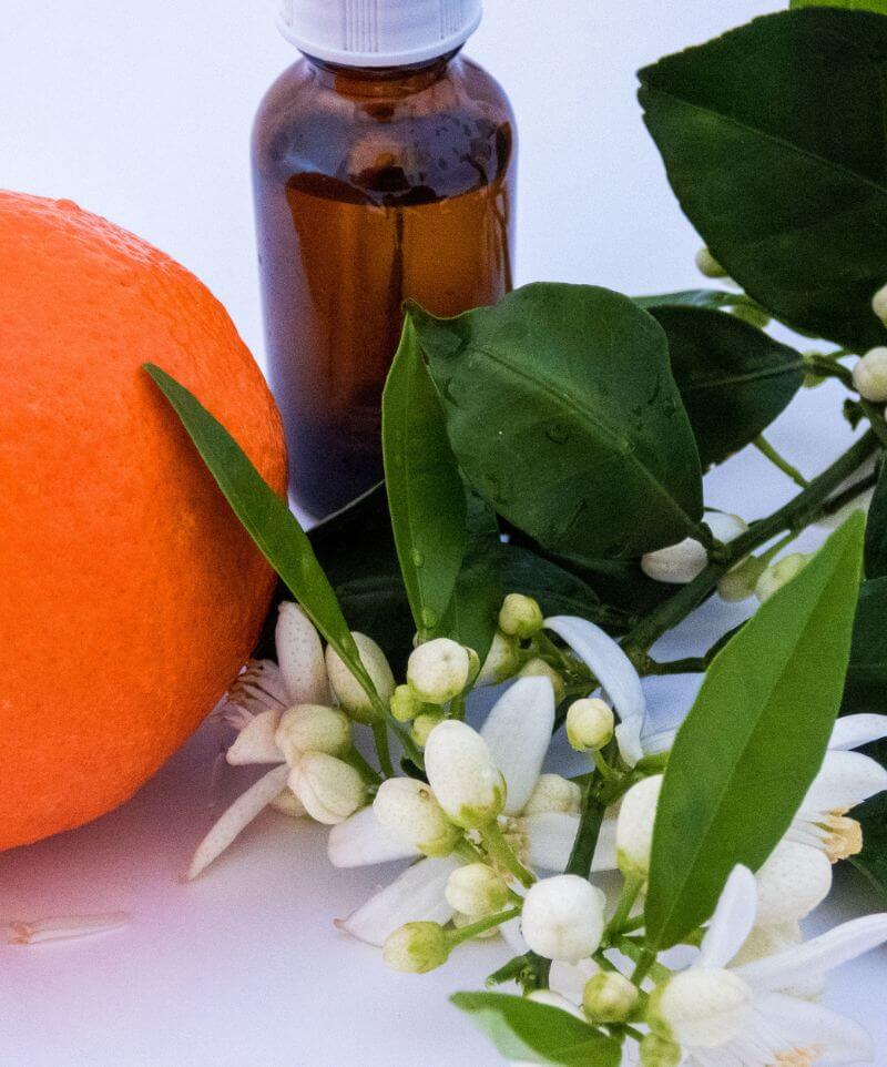 Image avec orange, fleur d'oranger et flacon d'hydrolat de fleur d'oranger