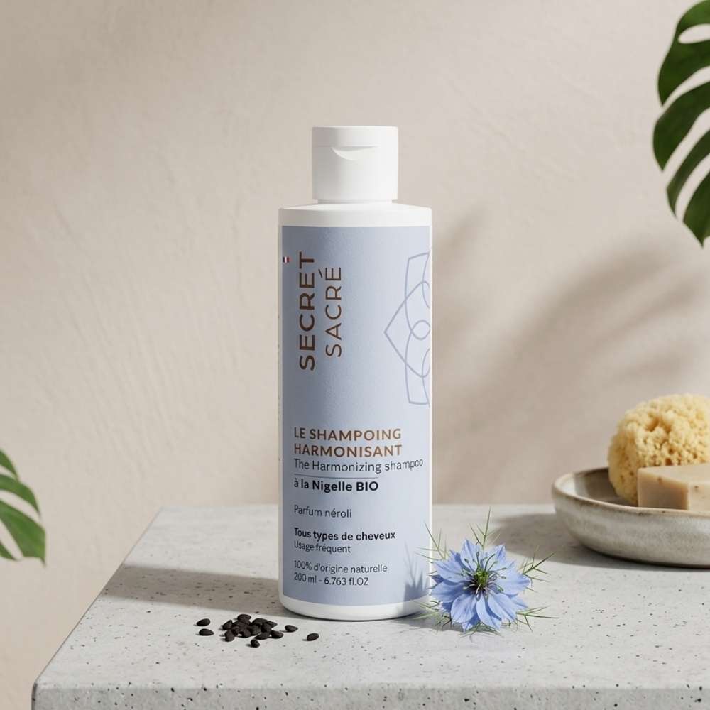 shampoing nigelle secret sacré présenté avec ingredients