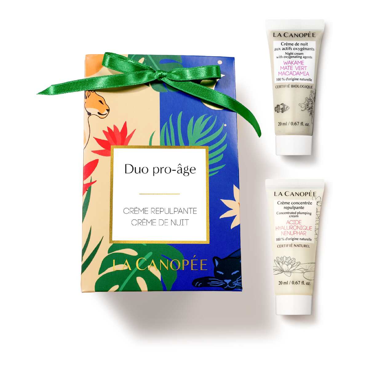 Contenu du Coffret Duo pro-âge La Canopée : Crème concentrée repulpante et Crème de nuit aux actifs oxygénants en tubes de 20 ml