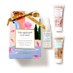 Contenu du Coffret Trio apaisant à la rose La Canopée : Masque rose lacté, Brume hydratante aux fleurs méditerranéennes et Gelée florale ultra-hydratante