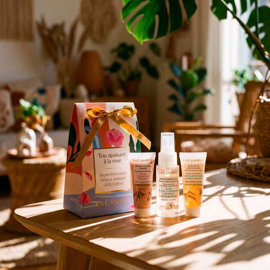 Coffret Trio apaisant à la rose La Canopée sur une table en bois, routine hydratante pour peau sèche
