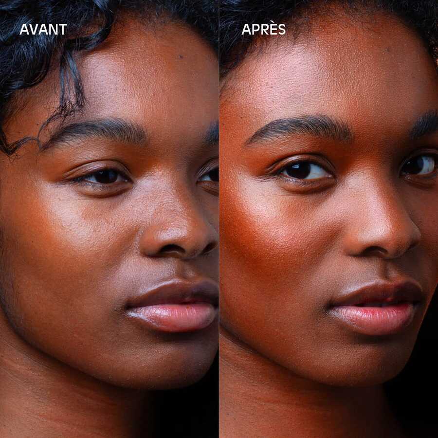 Avant/après du Sérum blush soleil La Crique sur peau foncée : pommettes réchauffées et lumineuses