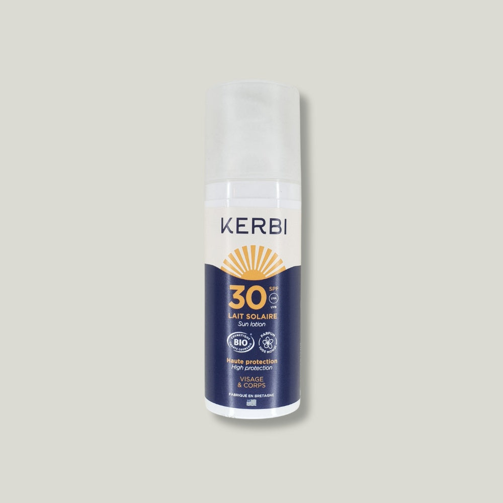 pack shot lait solaire spf30 visage corps kerbi