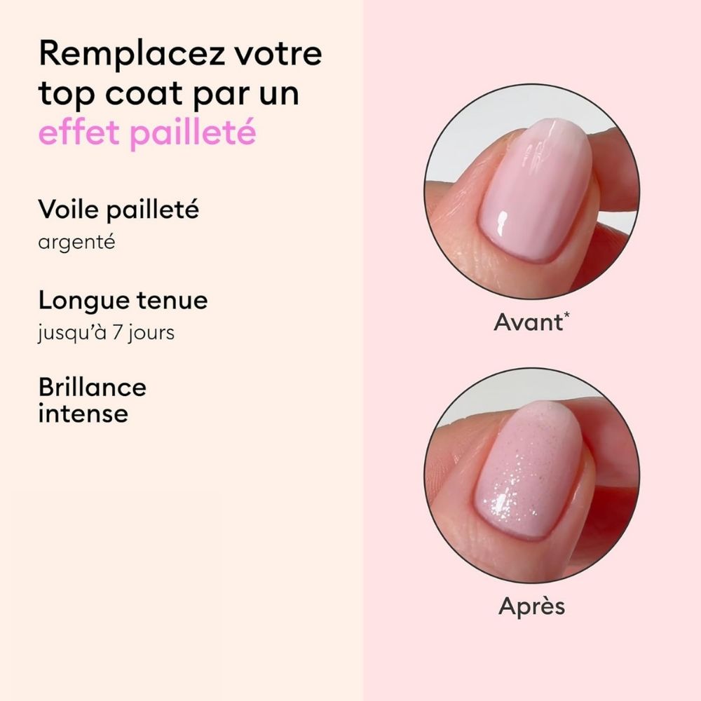Rendu avant/après sur vernis rose du Top Coat Pailleté Argent Green Manucurist
