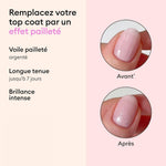 Rendu avant/après sur vernis rose du Top Coat Pailleté Argent Green Manucurist