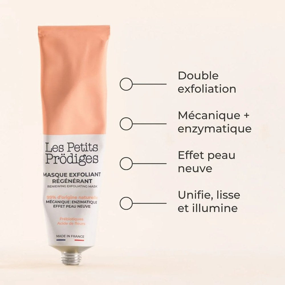 Tube du masque exfoliant régénérant : double exfoliation mécanique et enzymatique, effet peau neuve