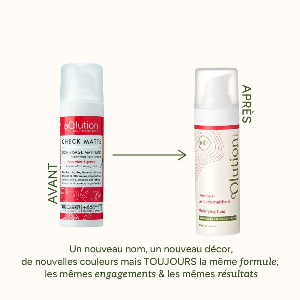 Avant/après : la crème Check Matte d'Oolution devient Le fluide matifiant Sebo-Regul, avec la même formule