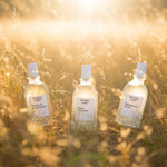 Les trois parfums naturels Veronika Loubry, Patchouli & Cachemire, Musc & Coton et Mandarine & Lin, dans un champ au soleil couchant