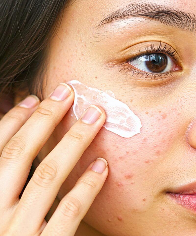 Femme appliquant une crème visage sur ses boutons