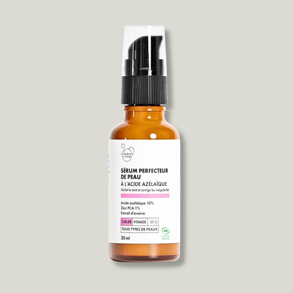 nouveau visuel du sérum perfecteur de peau (acien éclat) à l'acide azélaîque clémence & vivien irrégularités