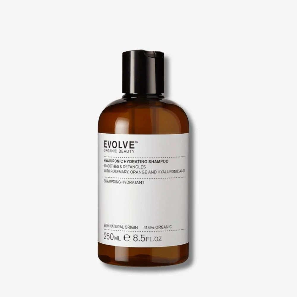 Shampoing hydratant à l'Acide Hyaluronique bio Evolve Beauty, flacon ambré de 250 ml sur fond blanc