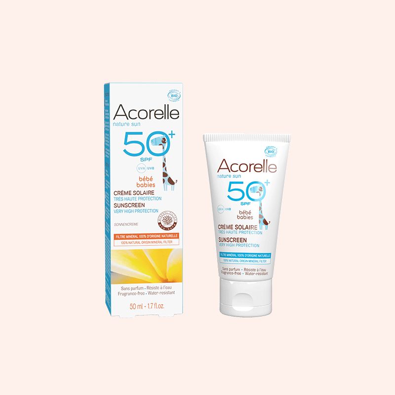 packaging creme solaire bebe spf50 bio acorelle