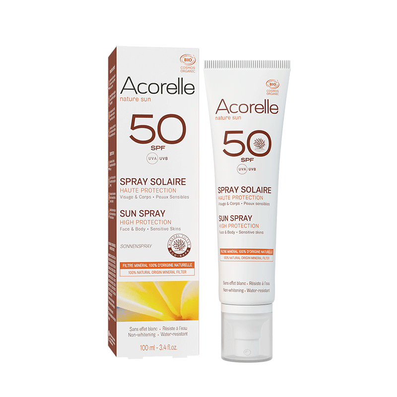 packaging spray solaire SPF50 acorelle