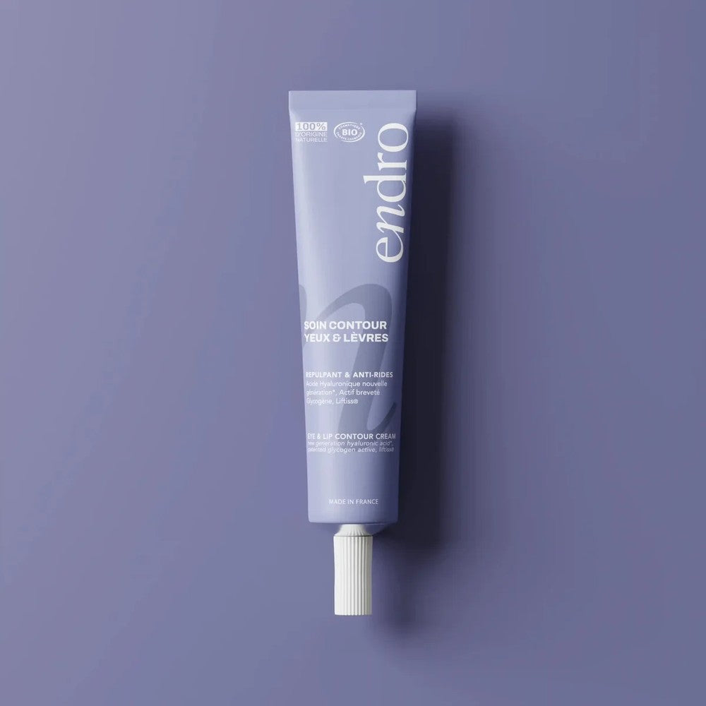 Soin contour yeux et lèvres bio Endro, tube 20 ml à l'Acide Hyaluronique sur fond lavande