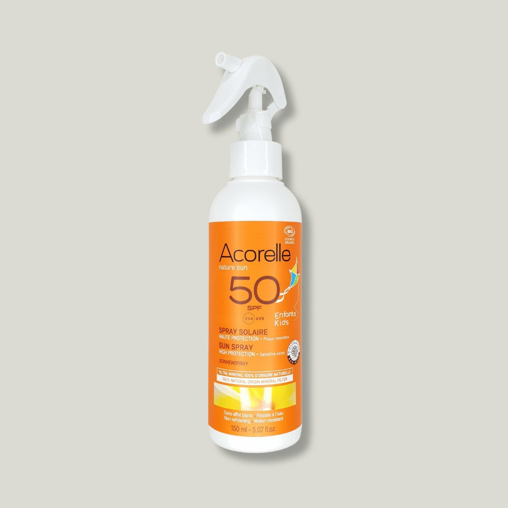 pack shot spray solaire enfant spf 50 bio acorelle minerale