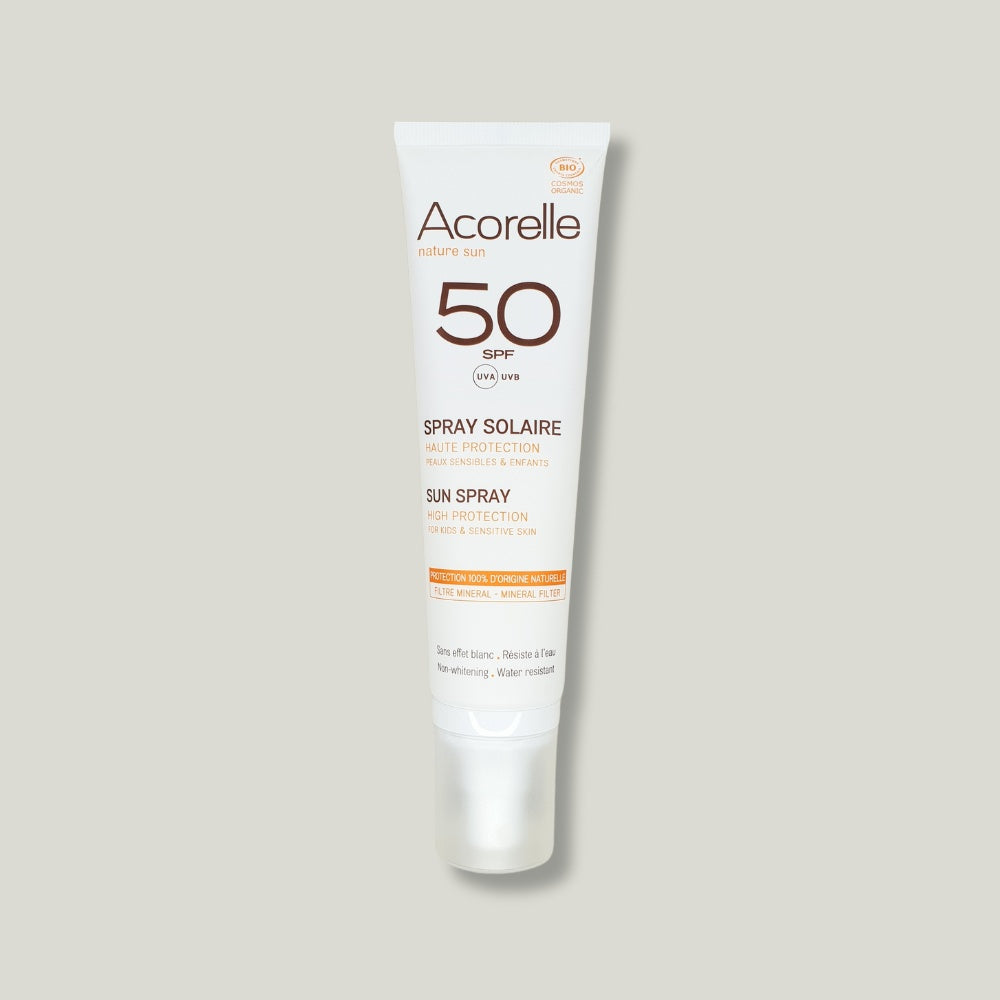 pack shot spray solaire minerale spf 50 uva uvb acorelle